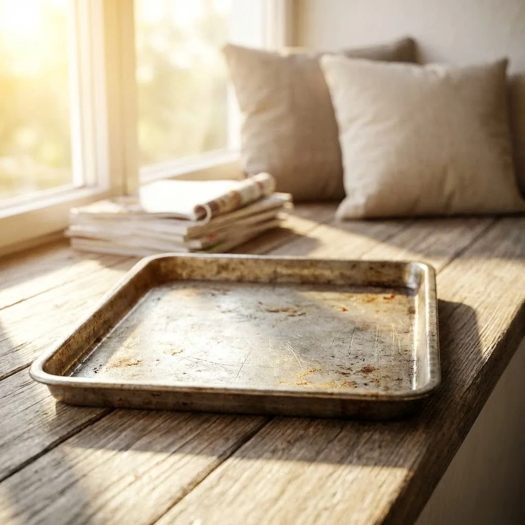 Rusty baking tray being cleaned